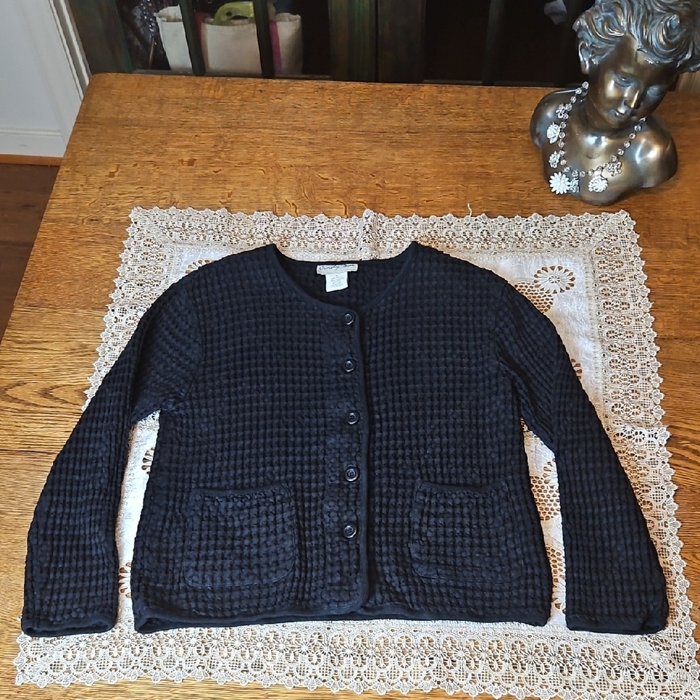Vintage Cindy Bai Thick Waffle Knit Button-Up Cardigan With Front Pockets